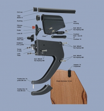 Timón Optimist con pala de madera, herrajes con pasadores Ø6 mm